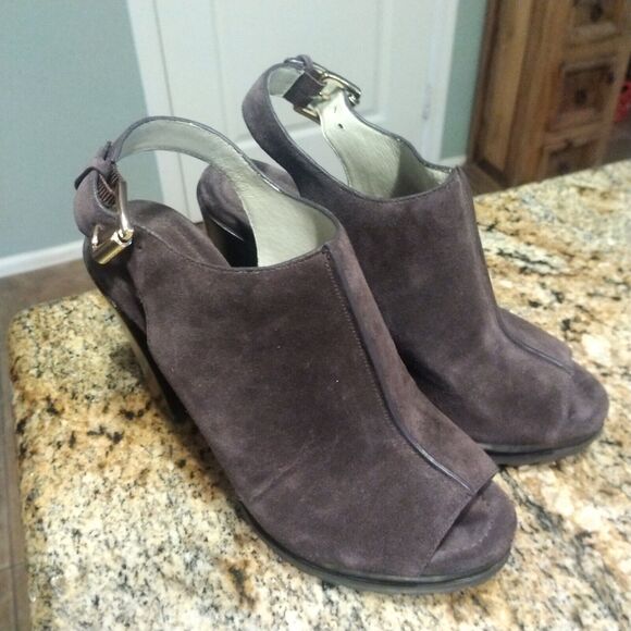 Michael Kors Chunky High Heels Brown Suede Leather Buckle Back Mules Womens 8 - Picture 3 of 12